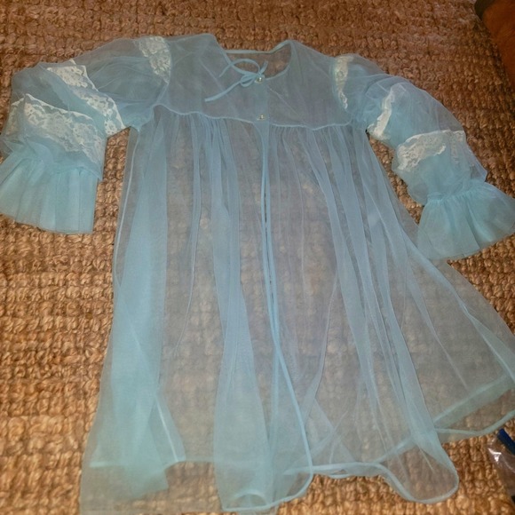 Miss Elaine 1960s Chic Blue Chiffon Lace Short Nightie w Sheer Robe 3/4 slv S/M - Picture 2 of 16